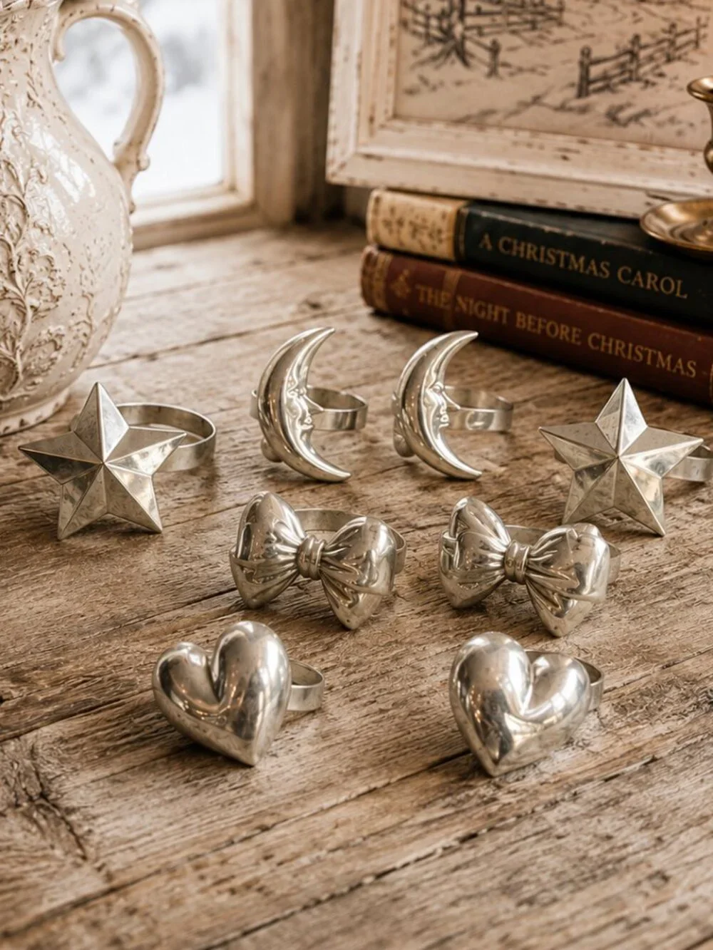 8 Rare Vintage Whimsical Celestial & Western Shapes Silver Plated Napkin Rings